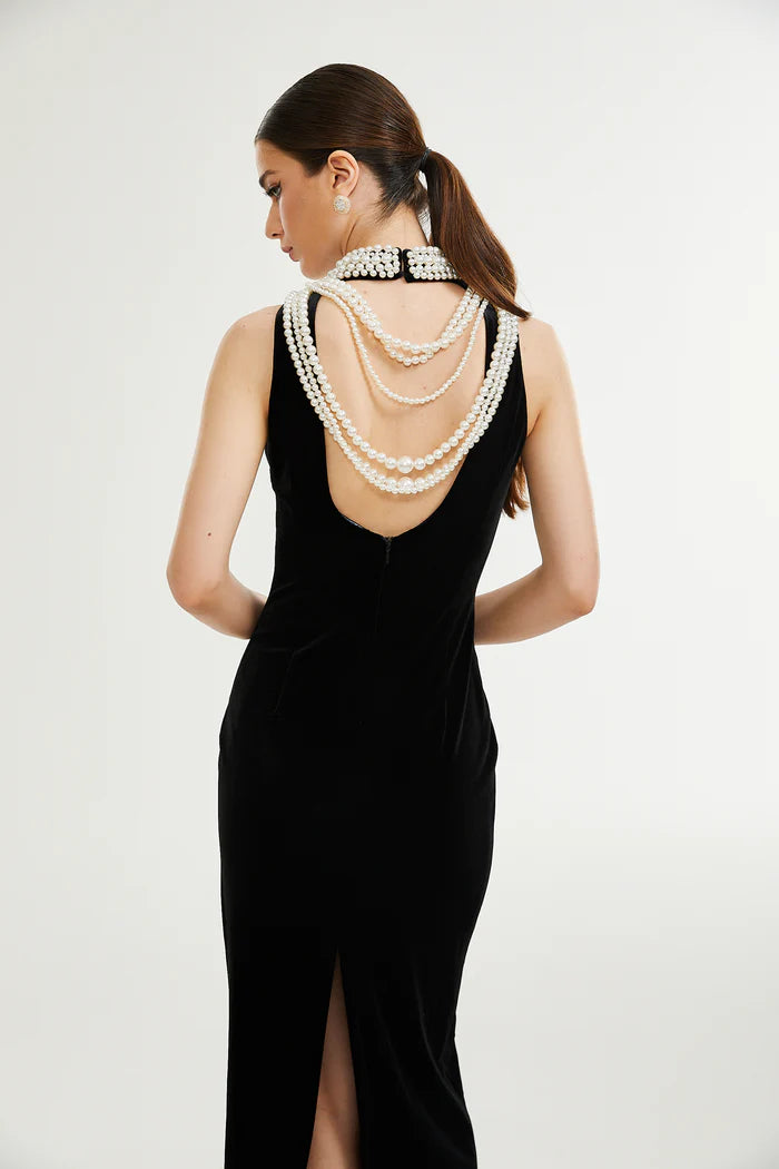 AIIZIE VELVET FAUX PEARL SLEEVELESS MIDI DRESS - product image