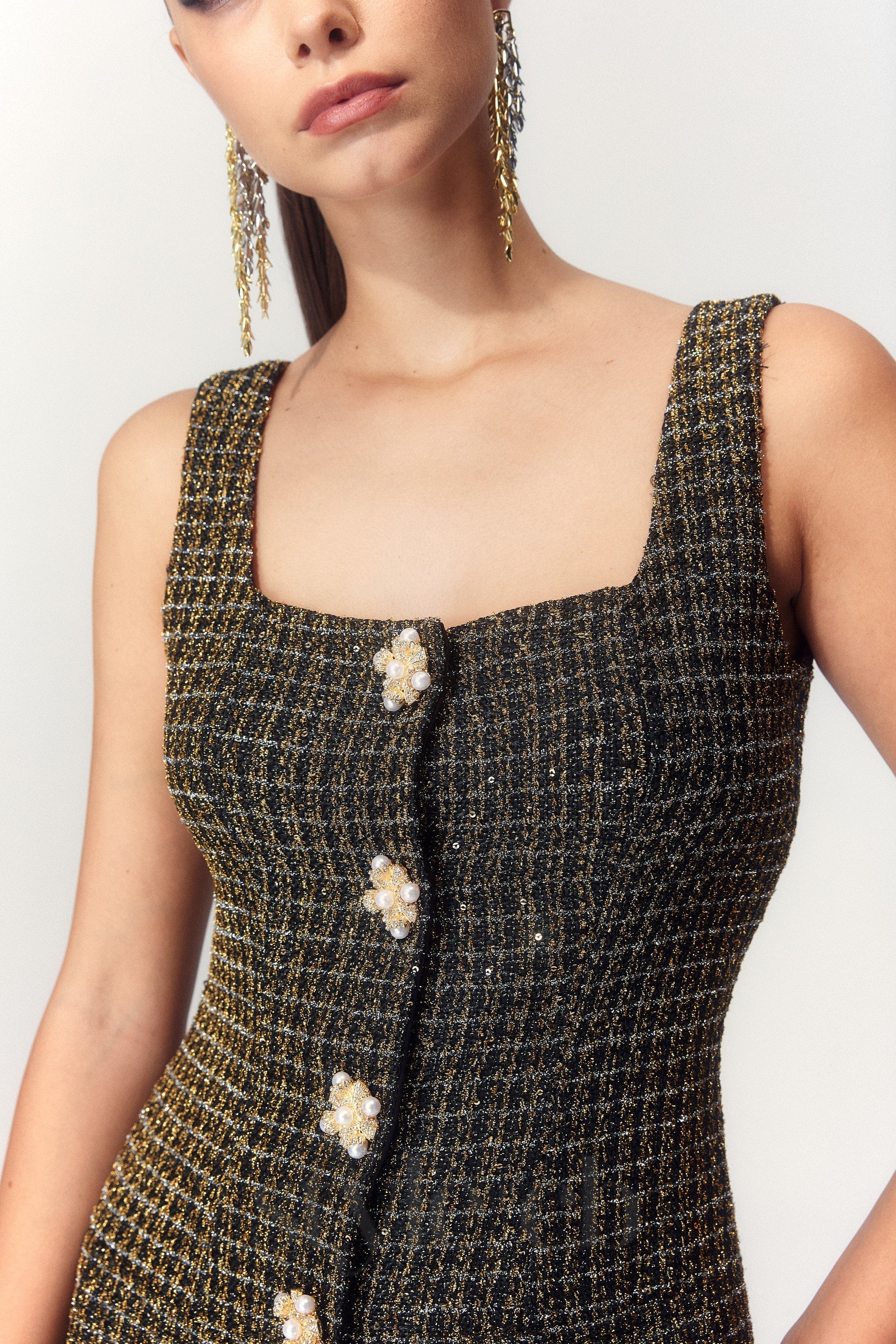 URSULA TWEED ÄRMELLOSES MINIKLEID IN SCHWARZ