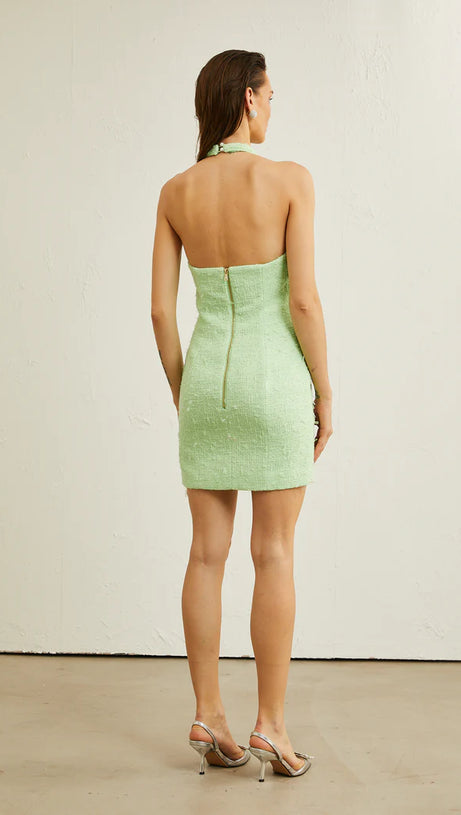 GEMMA PAISLEY-EMBELLISHED TWEED MINI DRESS IN GREEN