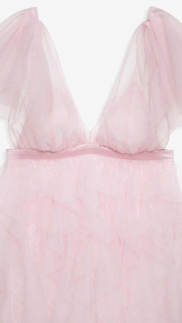 RUFFLE TULLE ATOP FLORAL LACE MINI DRESS IN PINK