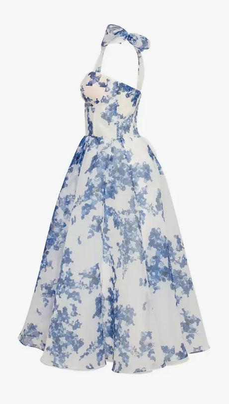 PRIMA PALE BLUE FLORAL A-LINE STRAP MIDI DRESS