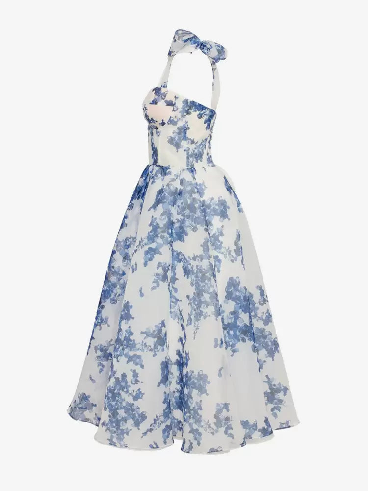 PRIMA HELLBLAUES MIDIKLEID MIT BLUMENMUSTER IN A-LINIE UND TRÄGERN