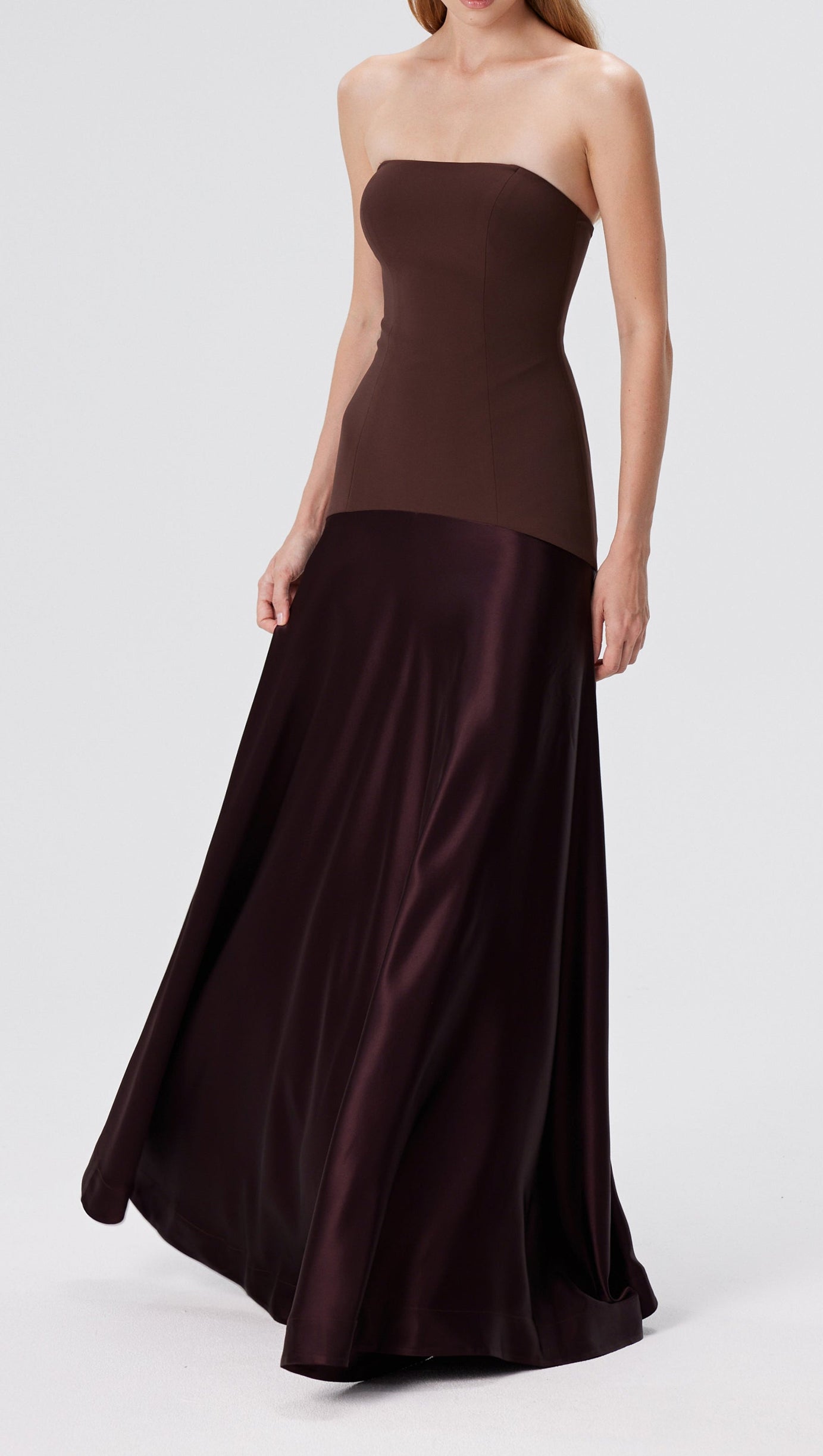 AURA STRAPLESS GOWN IN ESPRESSO