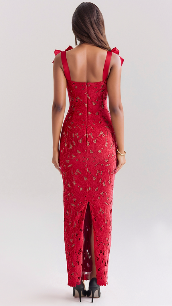 AIIZIE HERMOSA BOW STRAP EMBROIDERED LACE MAXI DRESS IN RED - product image