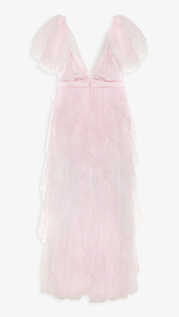 RUFFLE TULLE ATOP FLORAL LACE MINI DRESS IN PINK