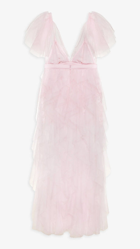 Rüschentüll über einem Minikleid aus geblümter Spitze in Rosa 