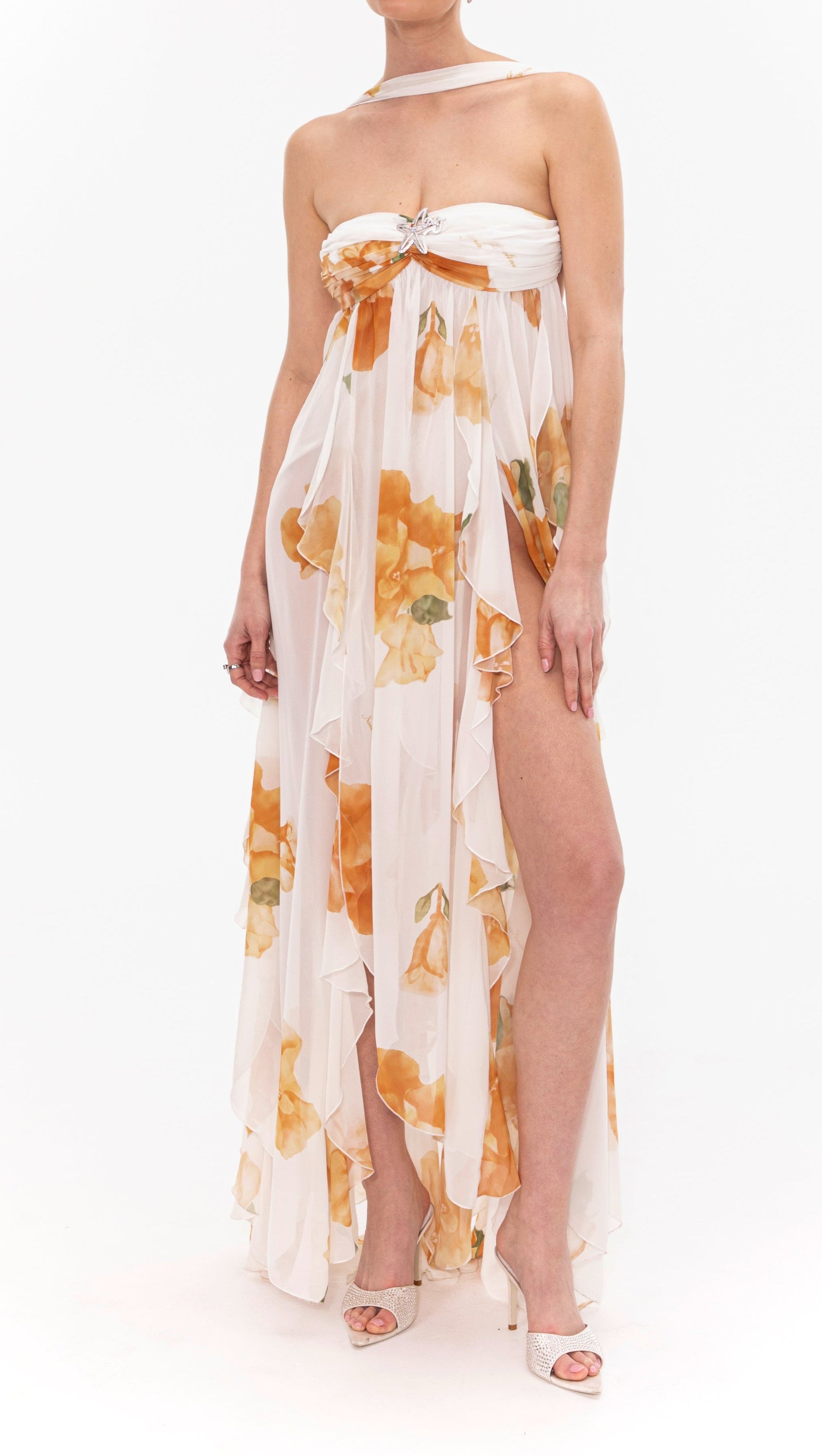 JOANNA FLORAL HALTER BACKLESS SPLIT MAXI DRESS