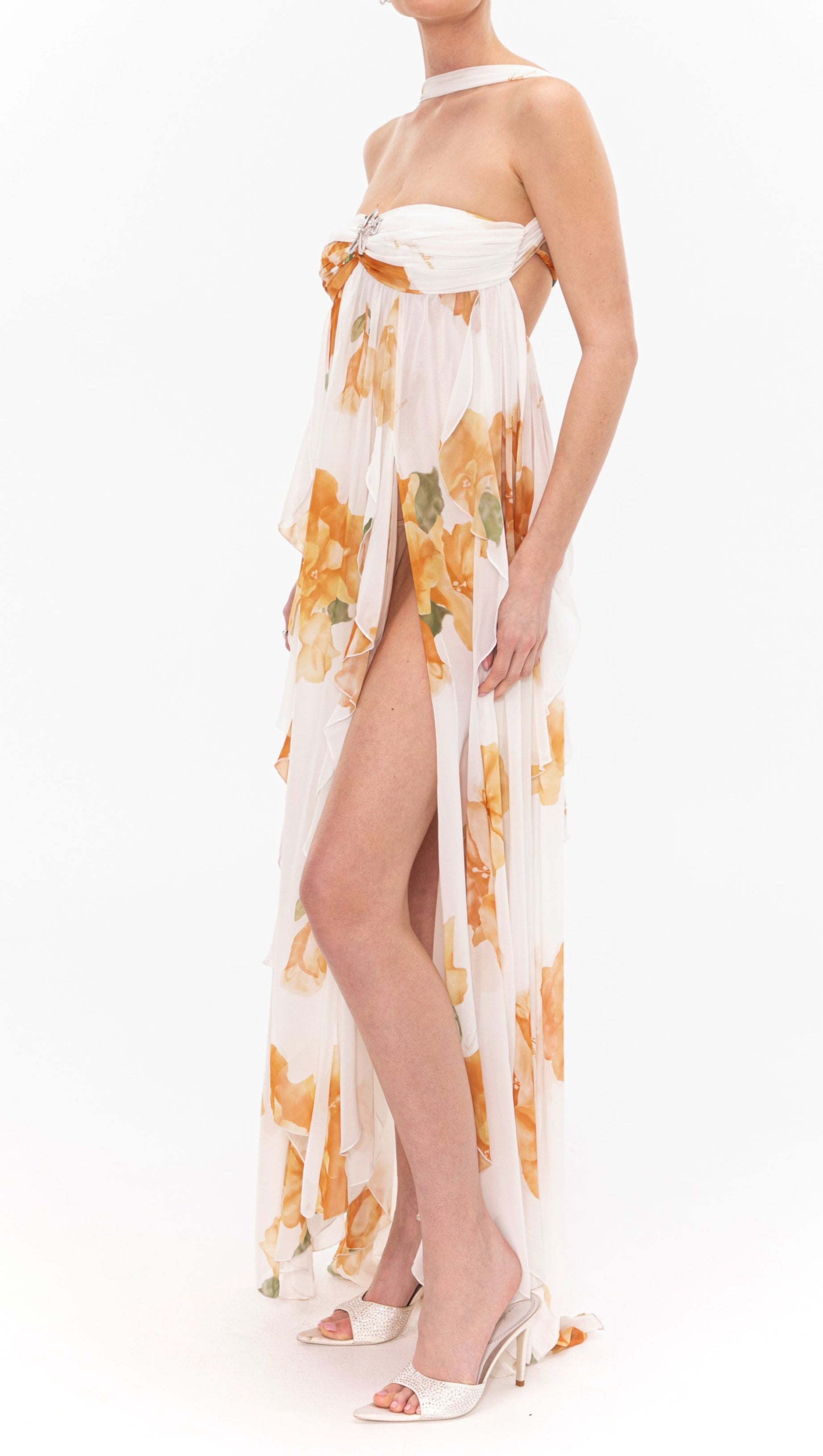 JOANNA FLORAL HALTER BACKLESS SPLIT MAXI DRESS