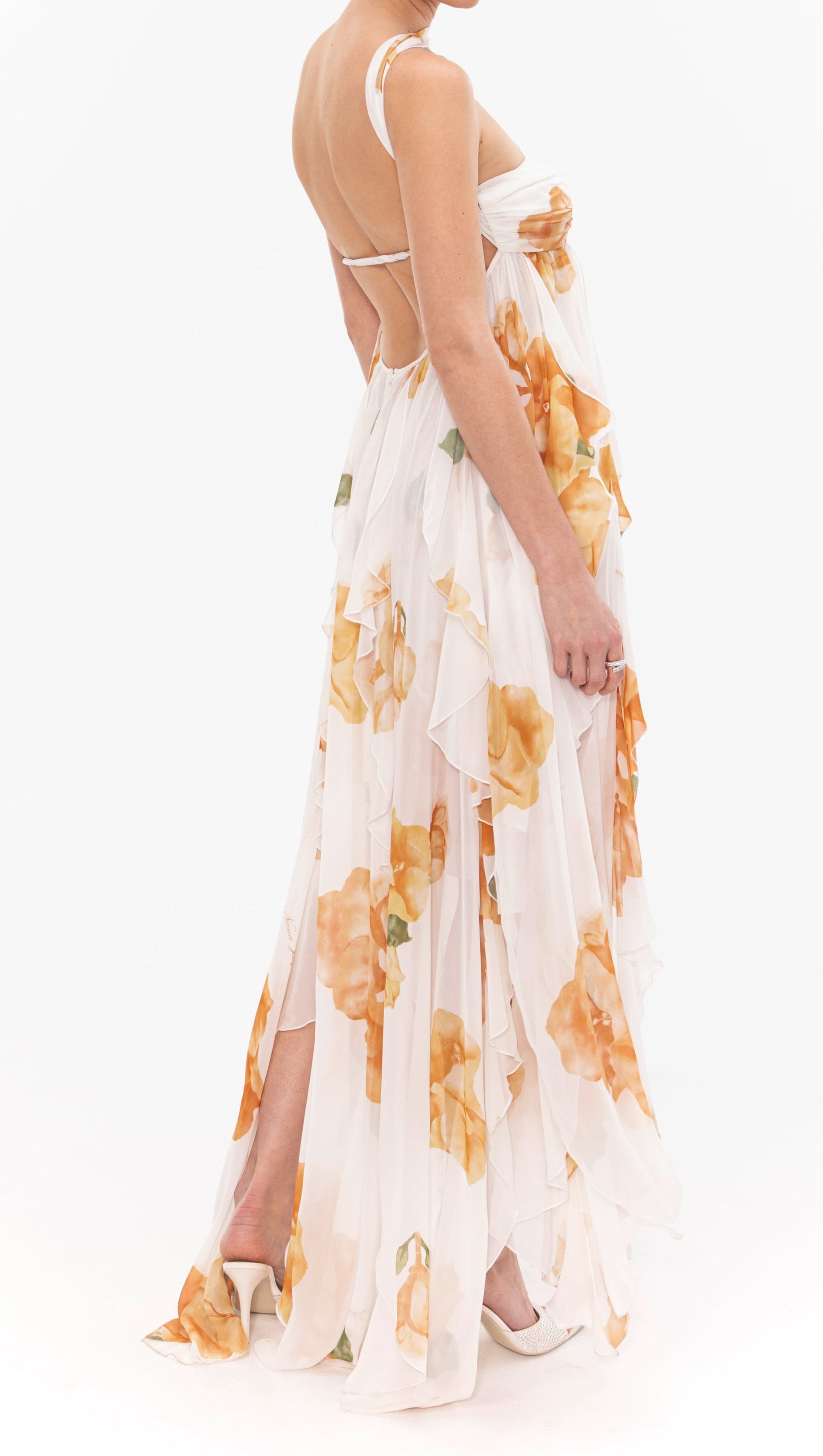 JOANNA FLORAL HALTER BACKLESS SPLIT MAXI DRESS