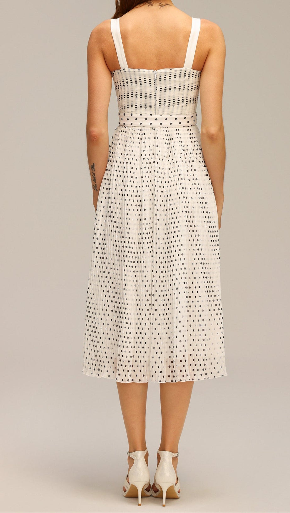JANICE HALTER PEARL DOT PRINTED FOLDS MIDI DRESS
