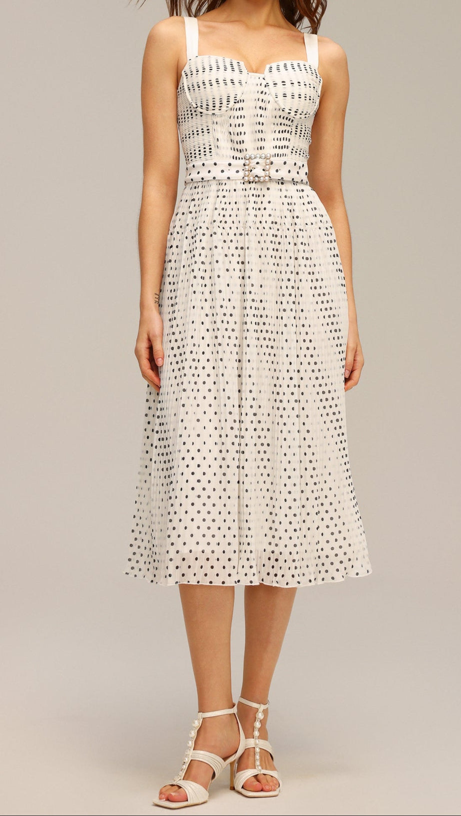 JANICE HALTER PEARL DOT PRINTED FOLDS MIDI DRESS