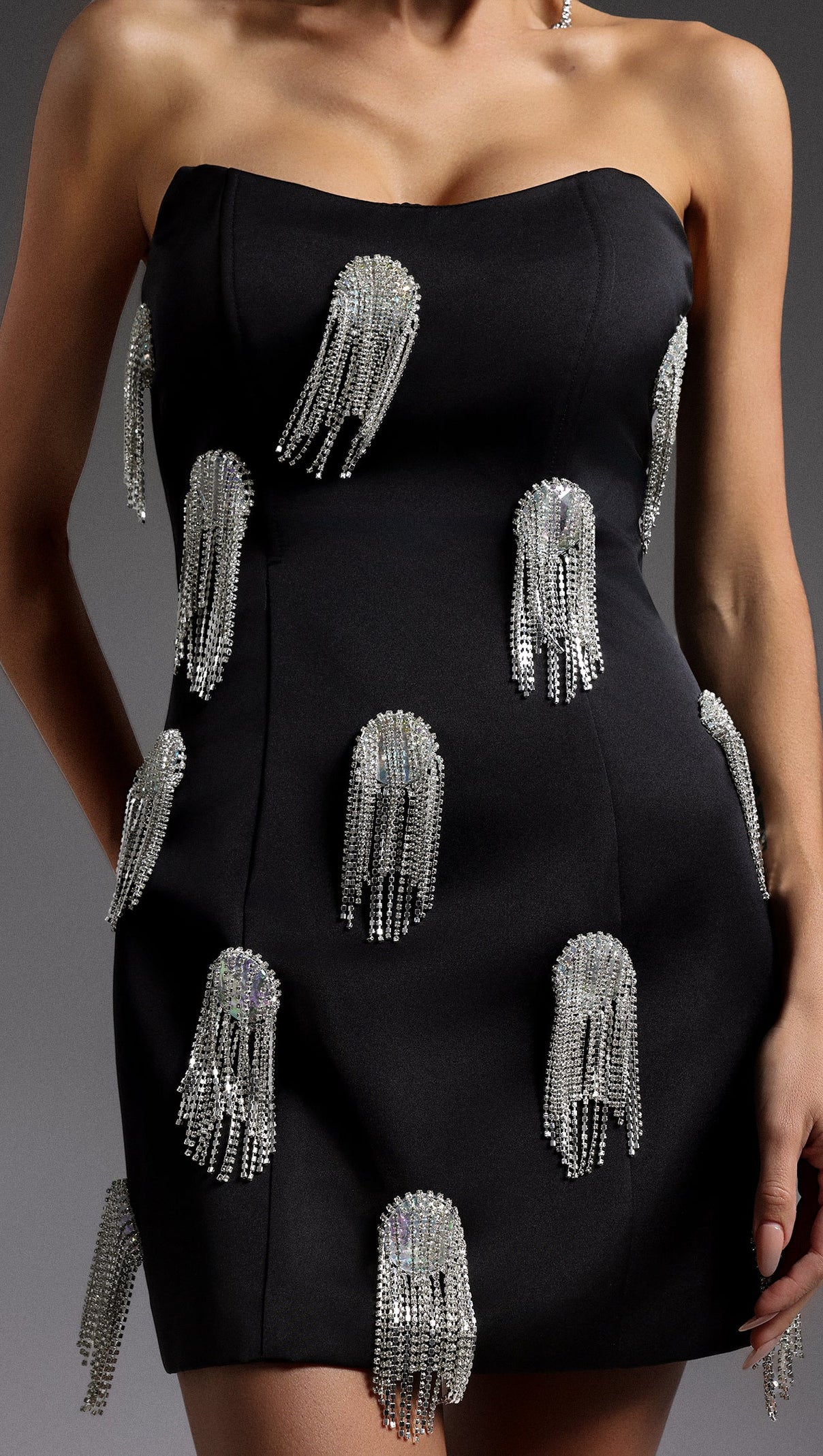 AIIZIE FLOR SLEEVELESS DIAMOND TASSELS MINI DRESS IN BLACK - product image