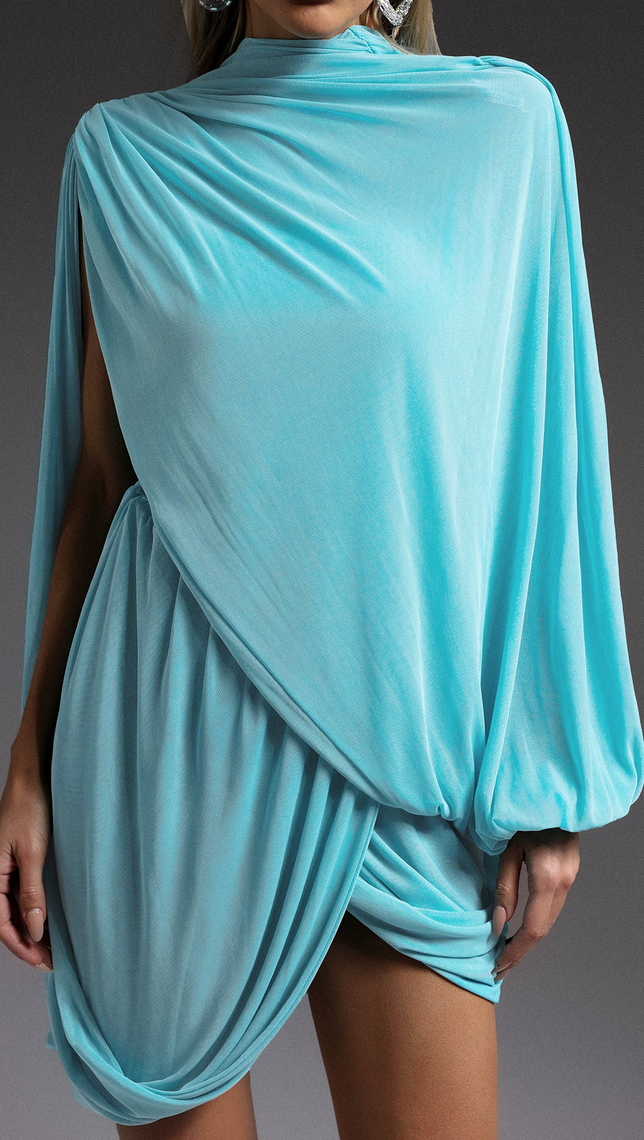 SUSANNA LONG SLEEVE FOLD SPLICE MINI DRESS IN BLUE