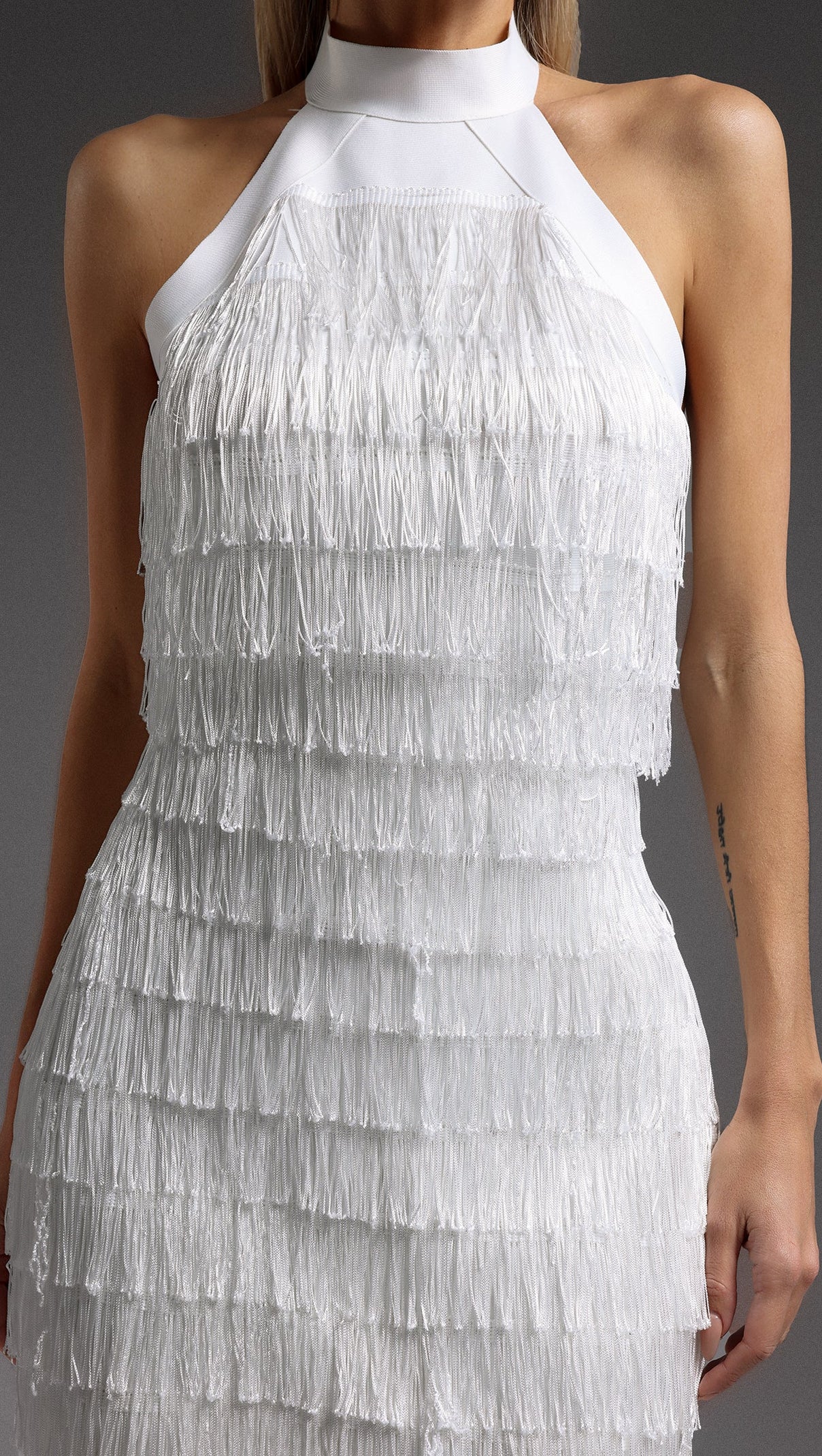 VANESSA HALTER SLEEVELESS TASSEL BANDAGE MINI DRESS IN WHITE