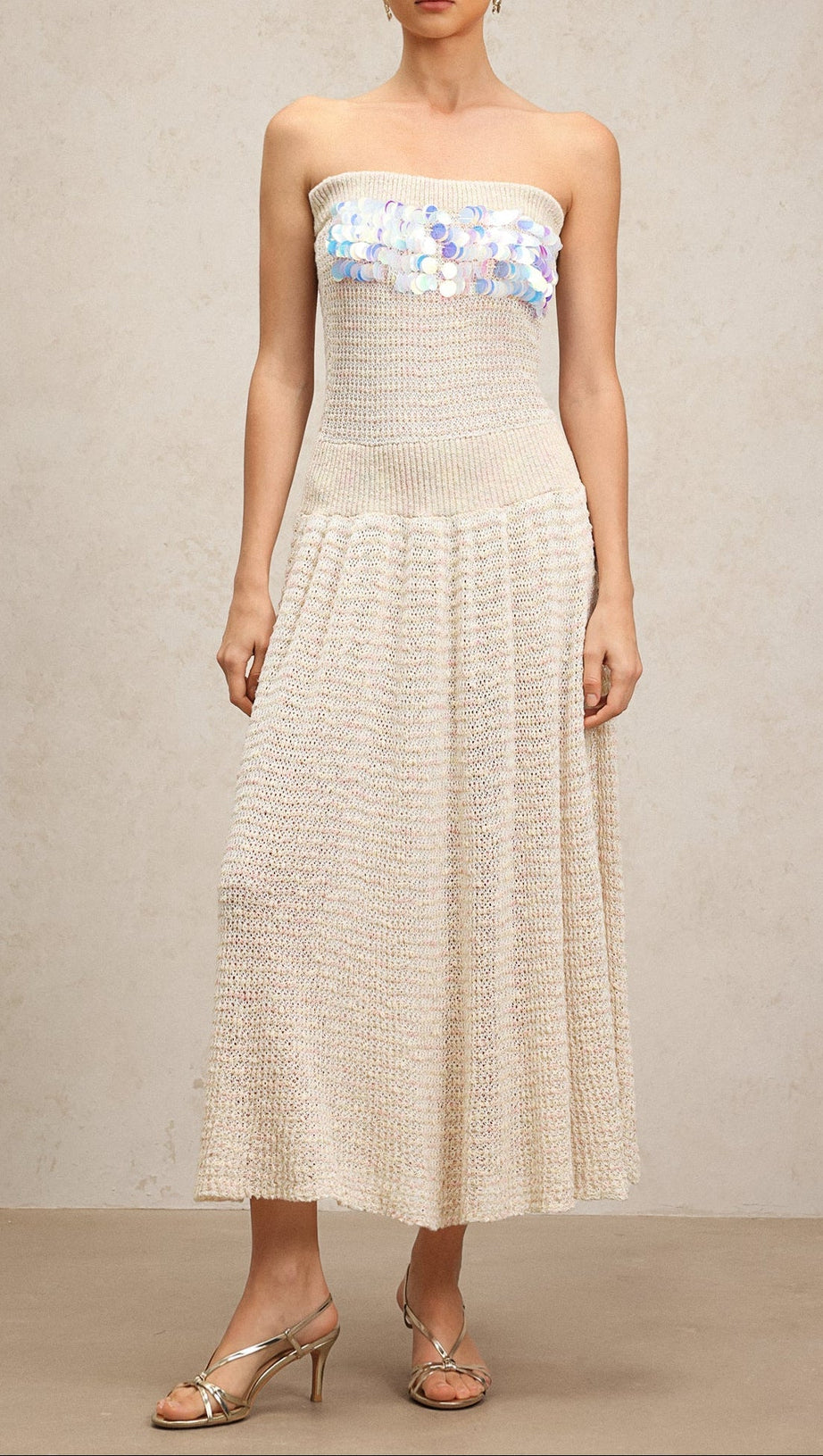 kimberley beige off-shoulder Sleeveless sequin jersey Maxi Dress