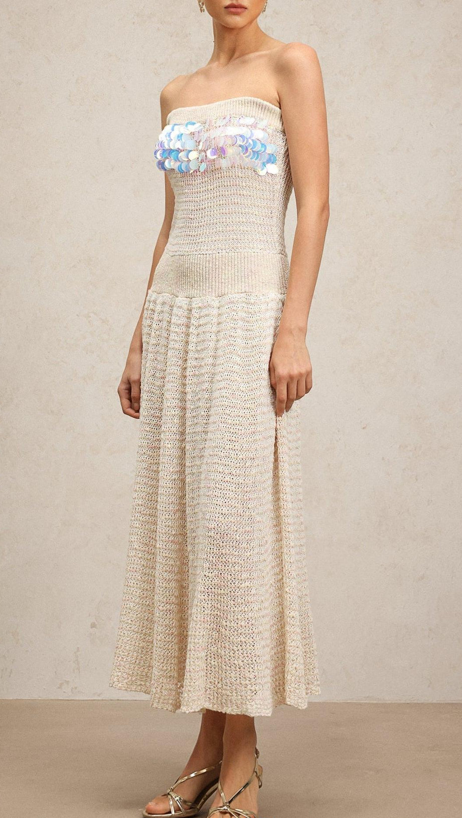 kimberley beige off-shoulder Sleeveless sequin jersey Maxi Dress