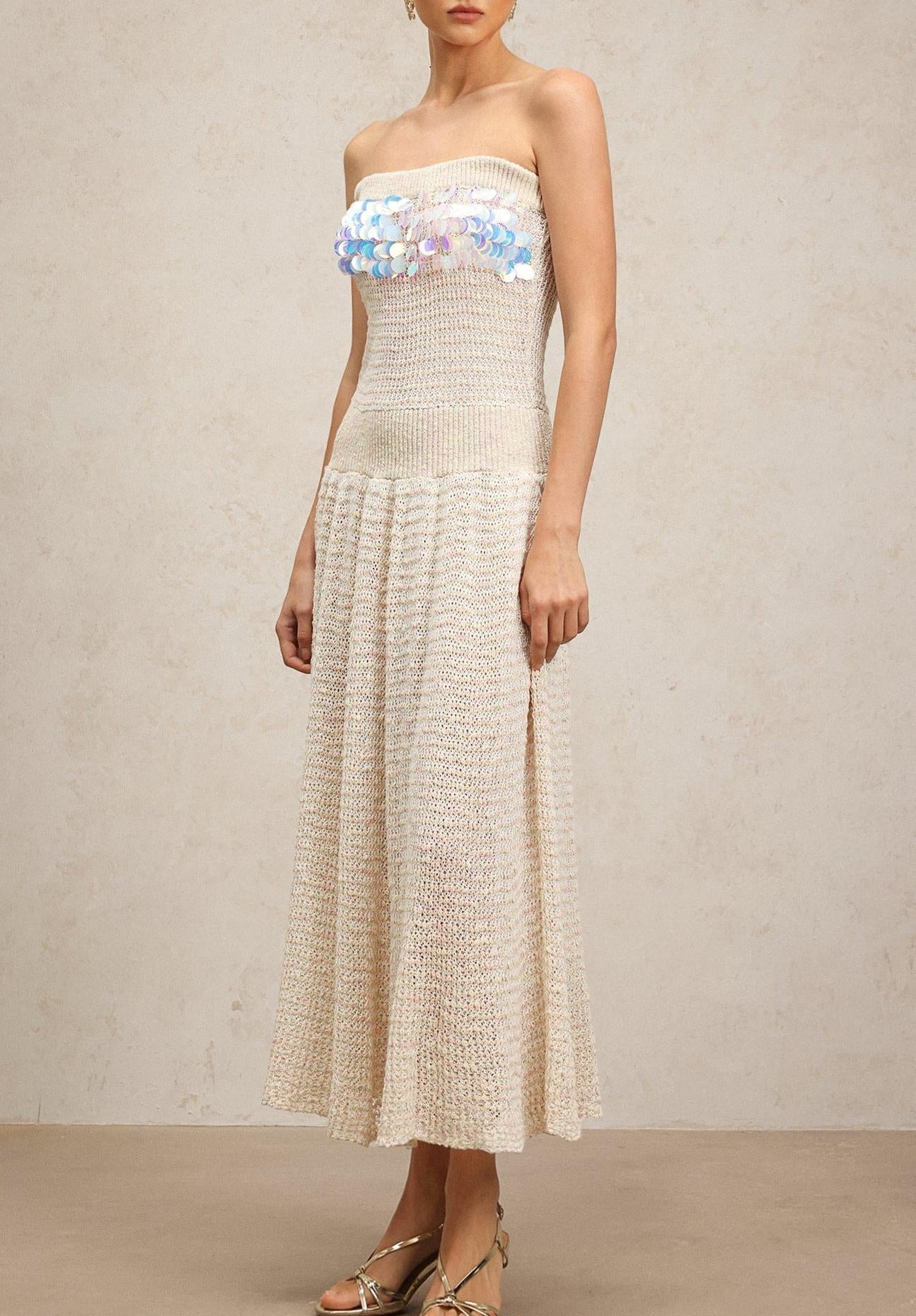 kimberley beige off-shoulder Sleeveless sequin jersey Maxi Dress