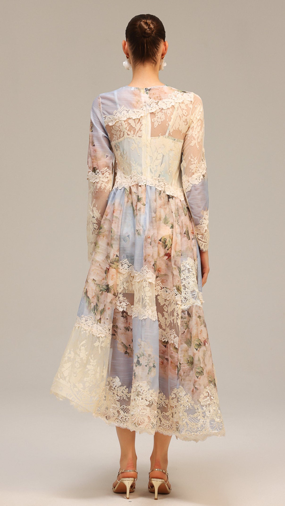 AIIZIE KRISTIN LONG SLEEVES FLORAL PRINTED ASYMMETRIC LACE MAXI DRESS - product image