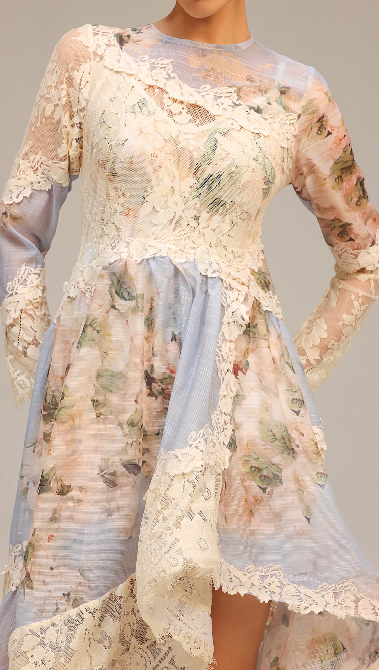 AIIZIE KRISTIN LONG SLEEVES FLORAL PRINTED ASYMMETRIC LACE MAXI DRESS - product image