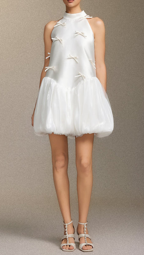 White Strapless Satin Puffy Mini Dress