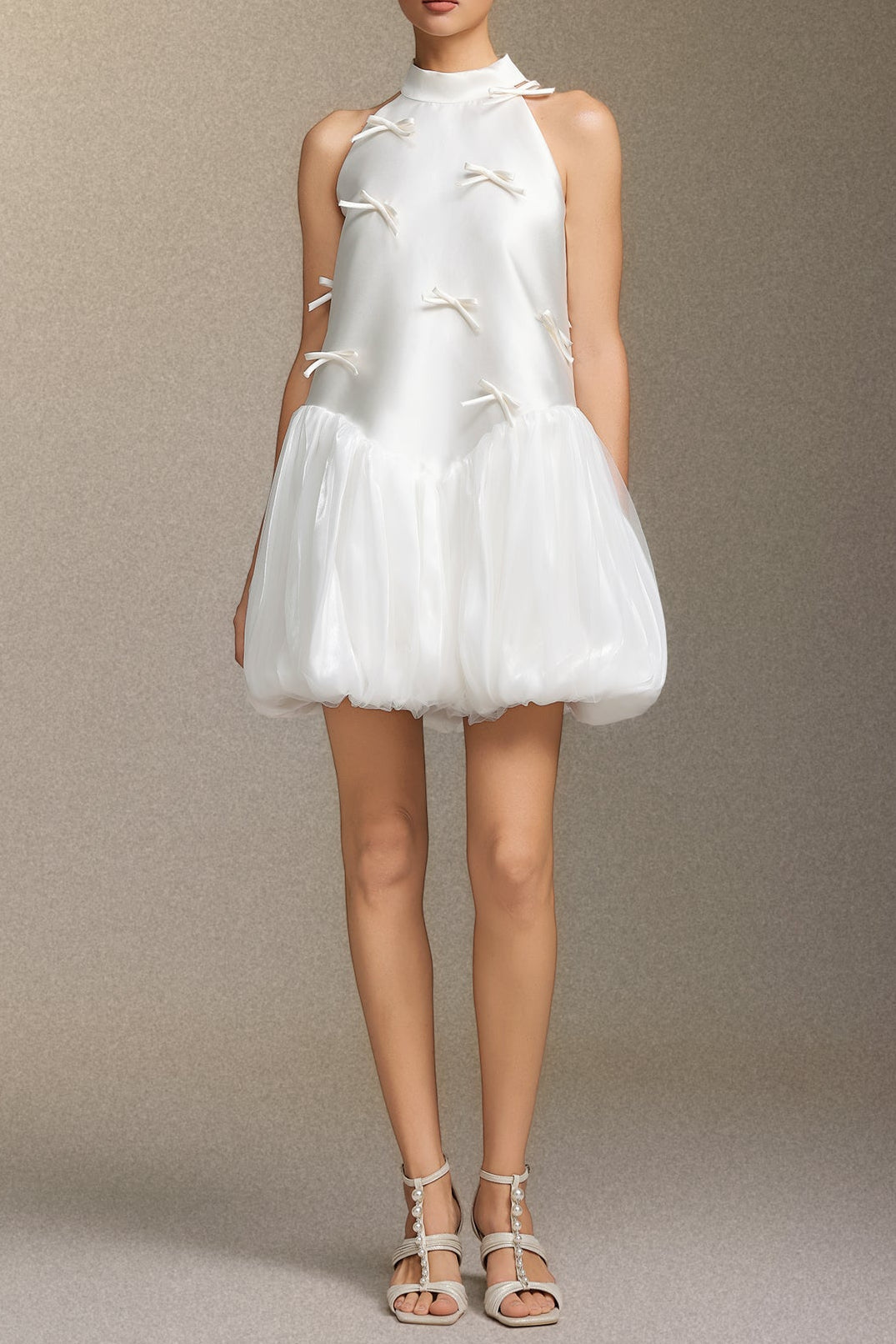 White Strapless Satin Puffy Mini Dress