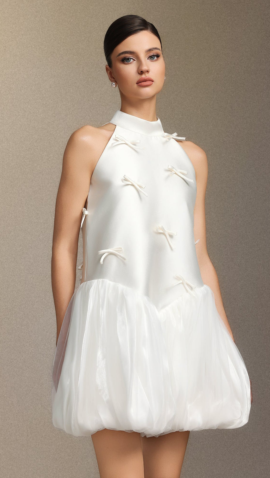 White Strapless Satin Puffy Mini Dress