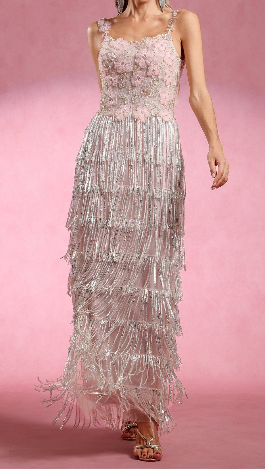 Opala Sleeveless Flowers Diamond Tassels Maxi Dress