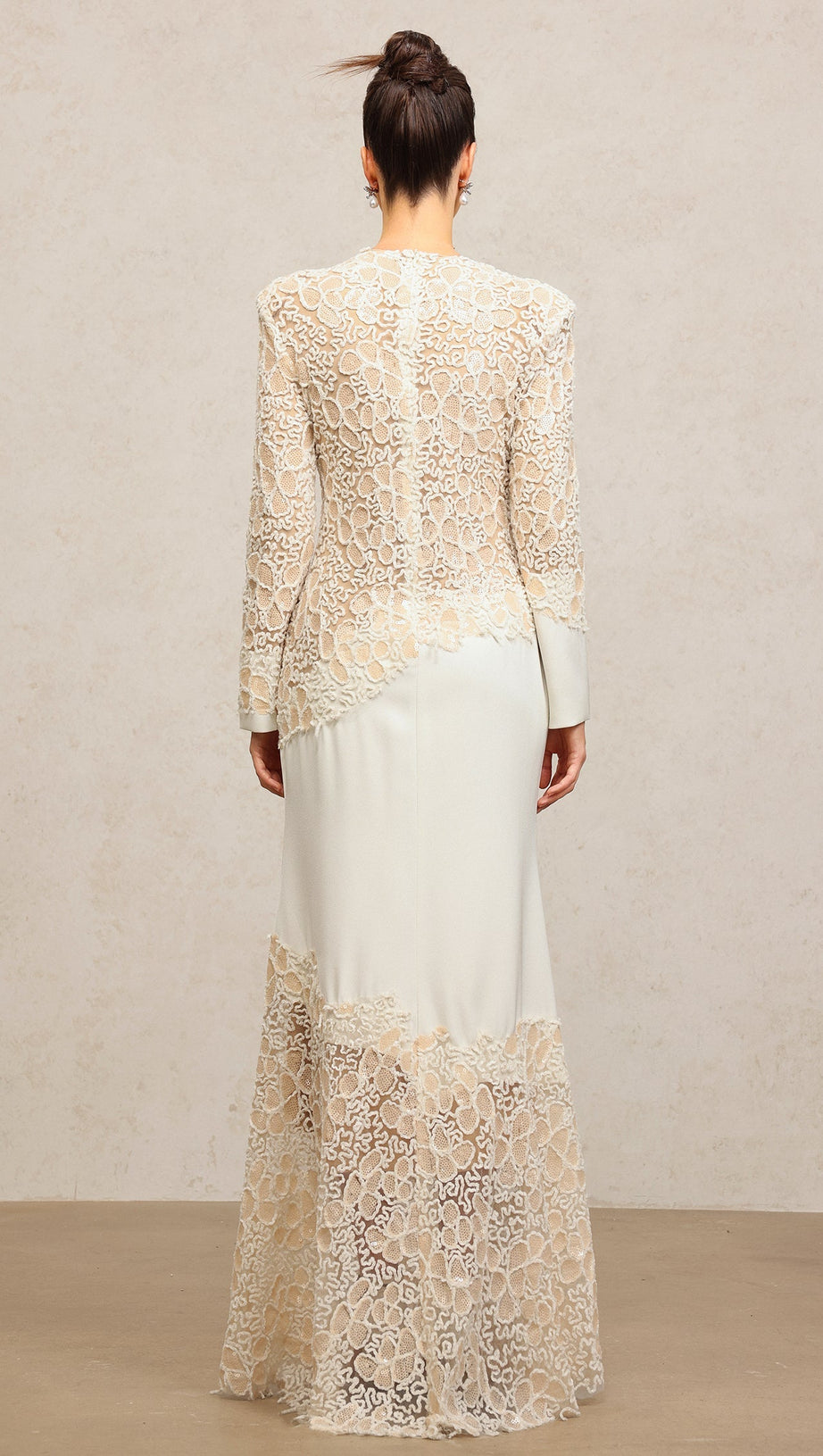 jacqueline Beige lace Embroidered long sleeve Maxi Dress