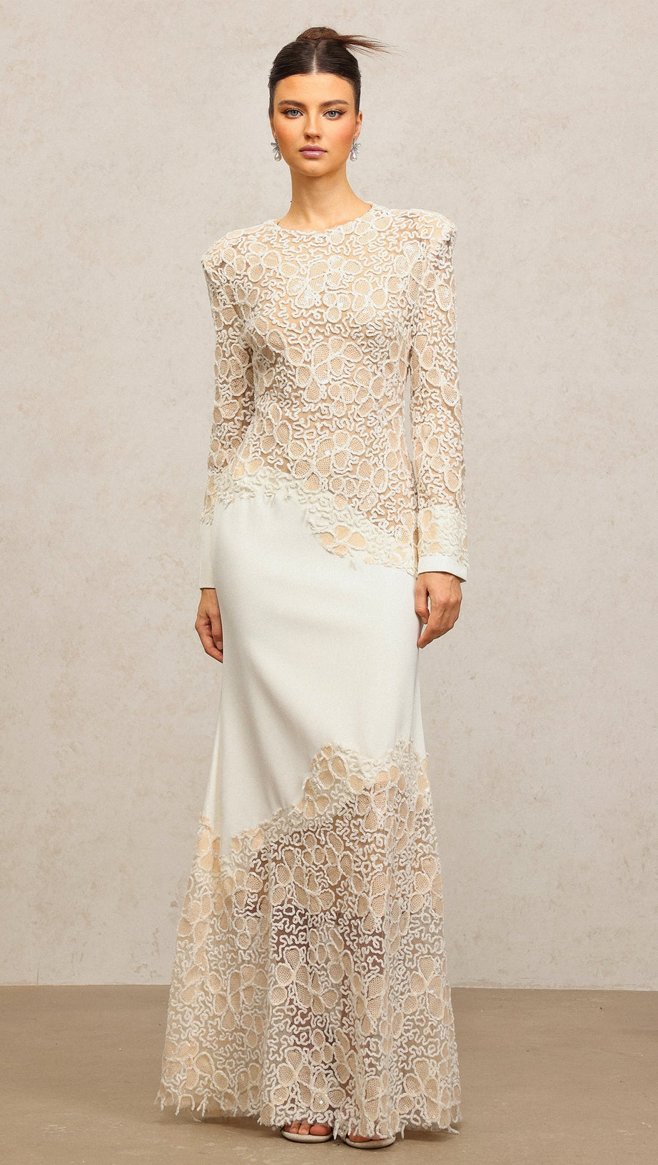 jacqueline Beige lace Embroidered long sleeve Maxi Dress