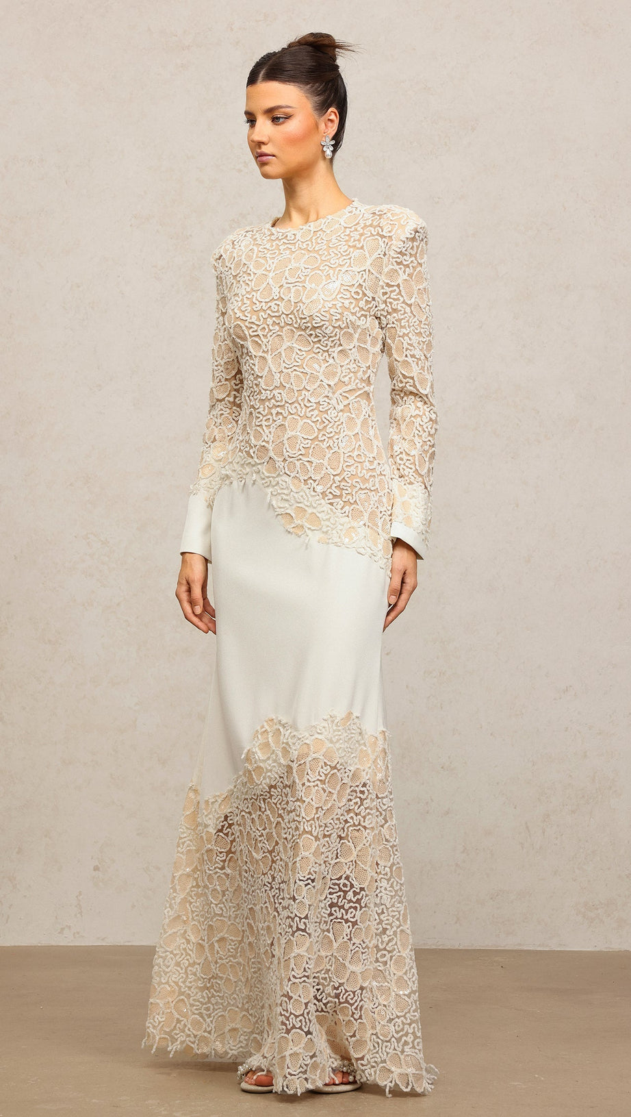 jacqueline Beige lace Embroidered long sleeve Maxi Dress