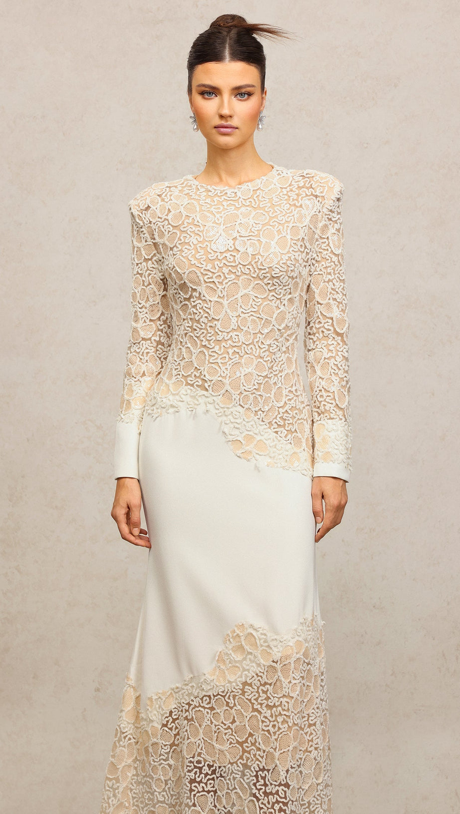 jacqueline Beige lace Embroidered long sleeve Maxi Dress