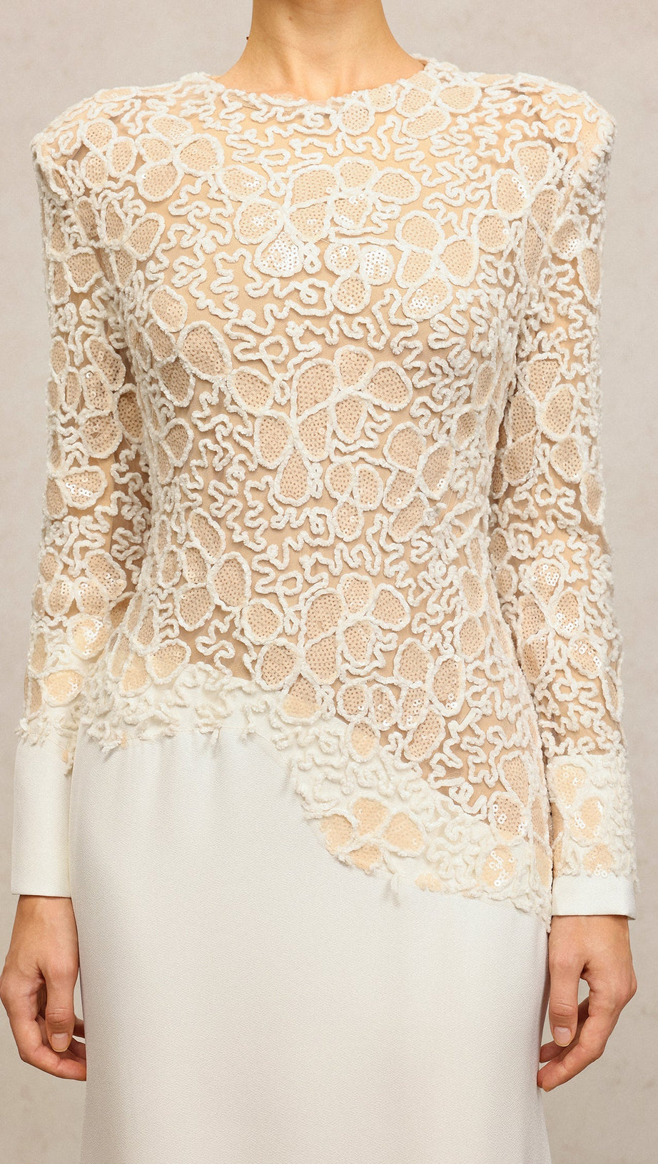 jacqueline Beige lace Embroidered long sleeve Maxi Dress