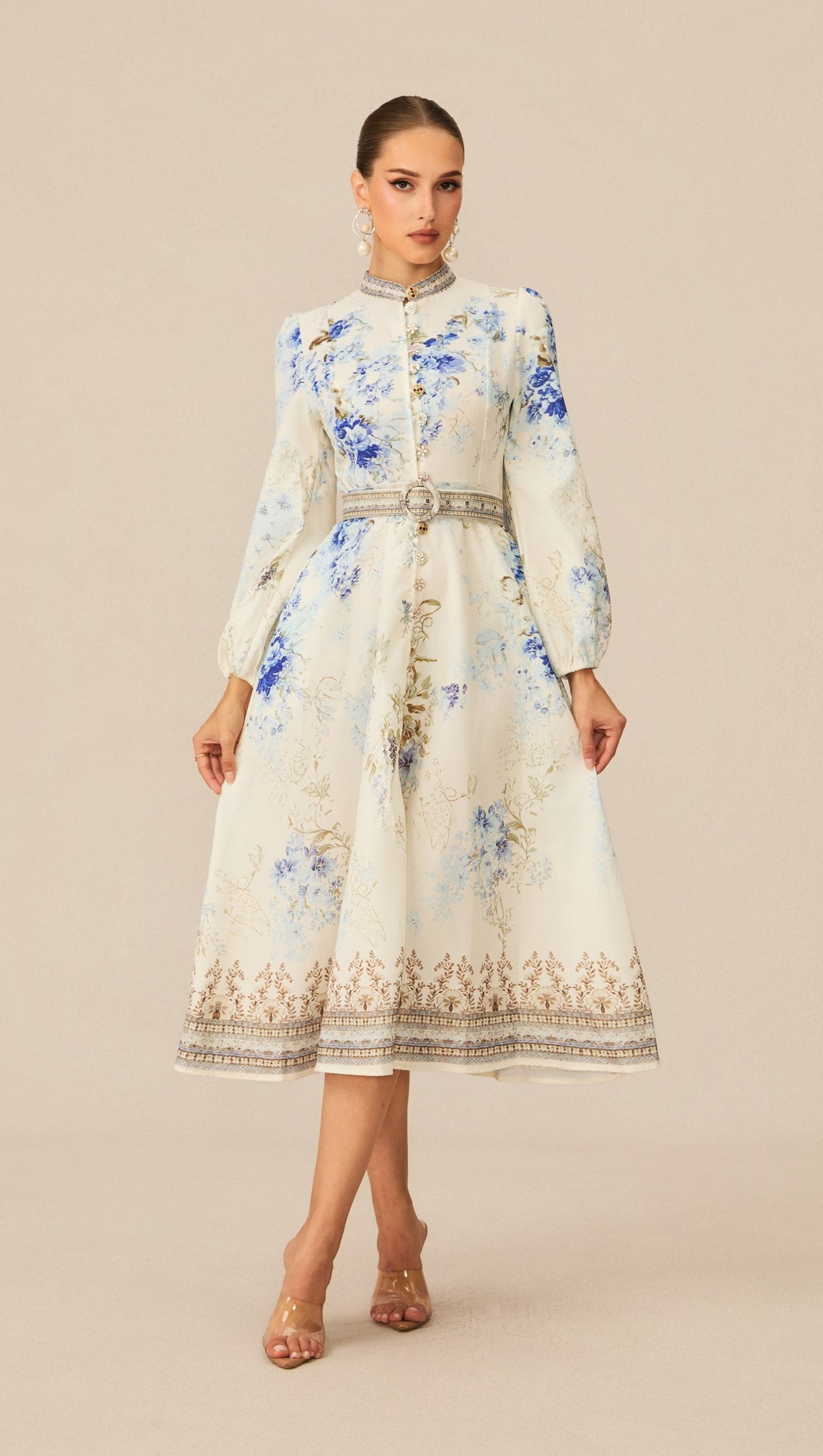 White Floral Print Midi Dress