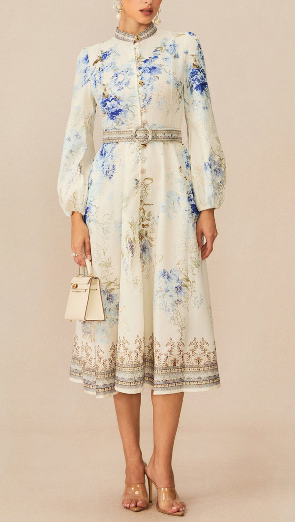 White Floral Print Midi Dress