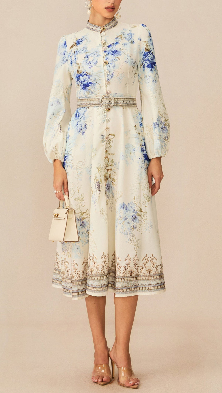 White Floral Print Midi Dress