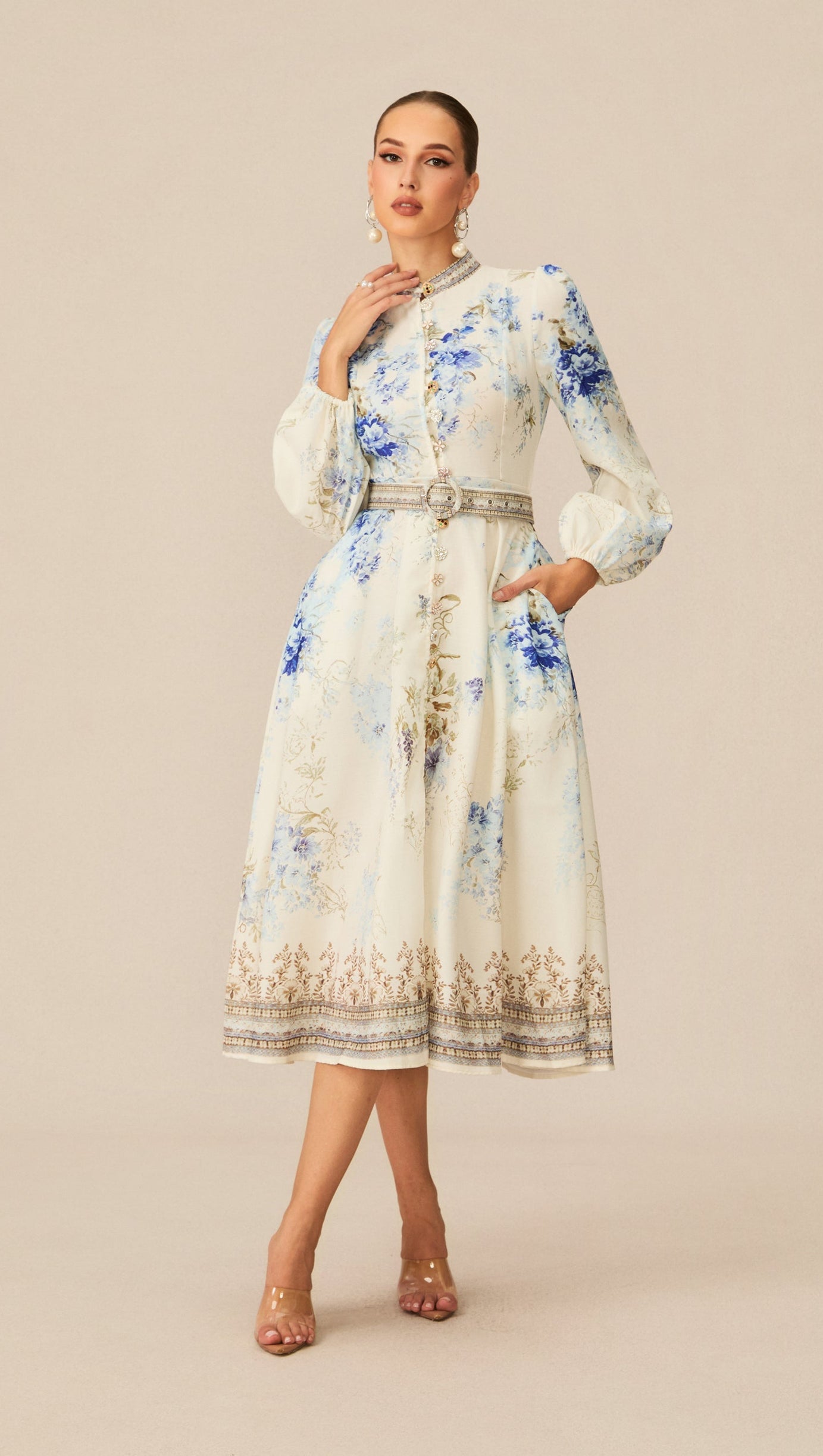 White Floral Print Midi Dress