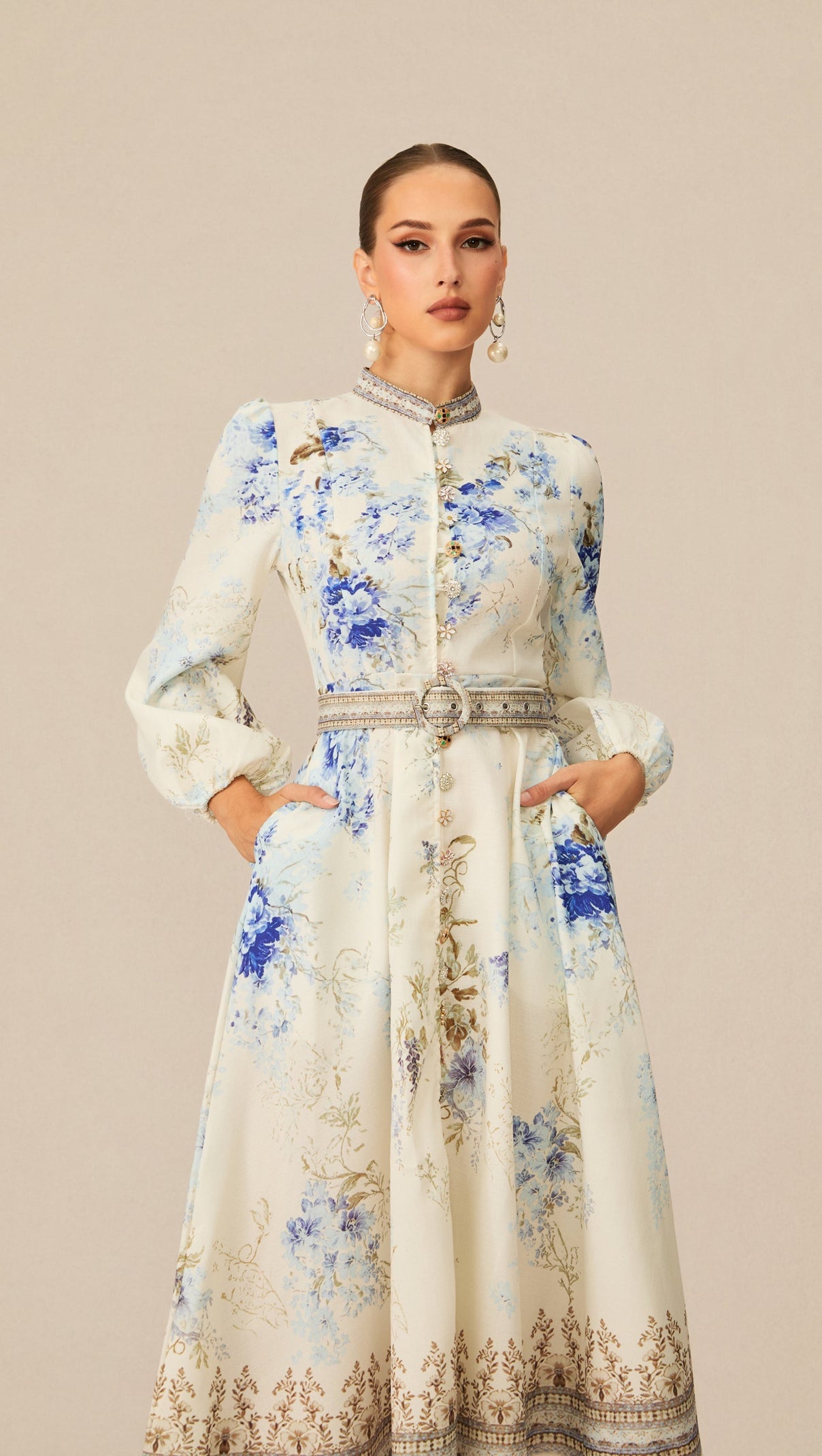 White Floral Print Midi Dress