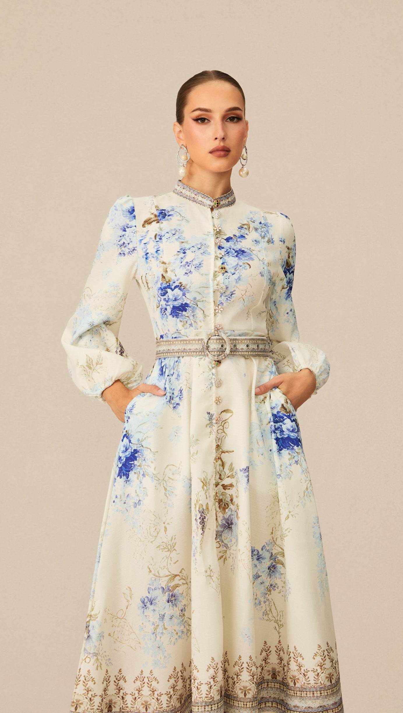 White Floral Print Midi Dress