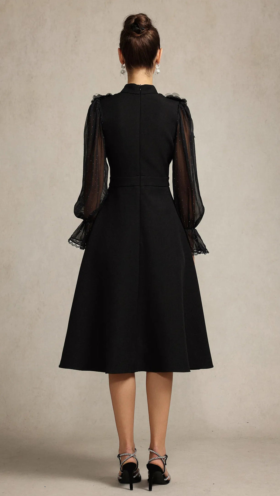 HELEN LONG SLEEVES DIAMOND ARTIFICIAL FEATHER BLACK TOP AND SKIRT TWO-PIECE SET