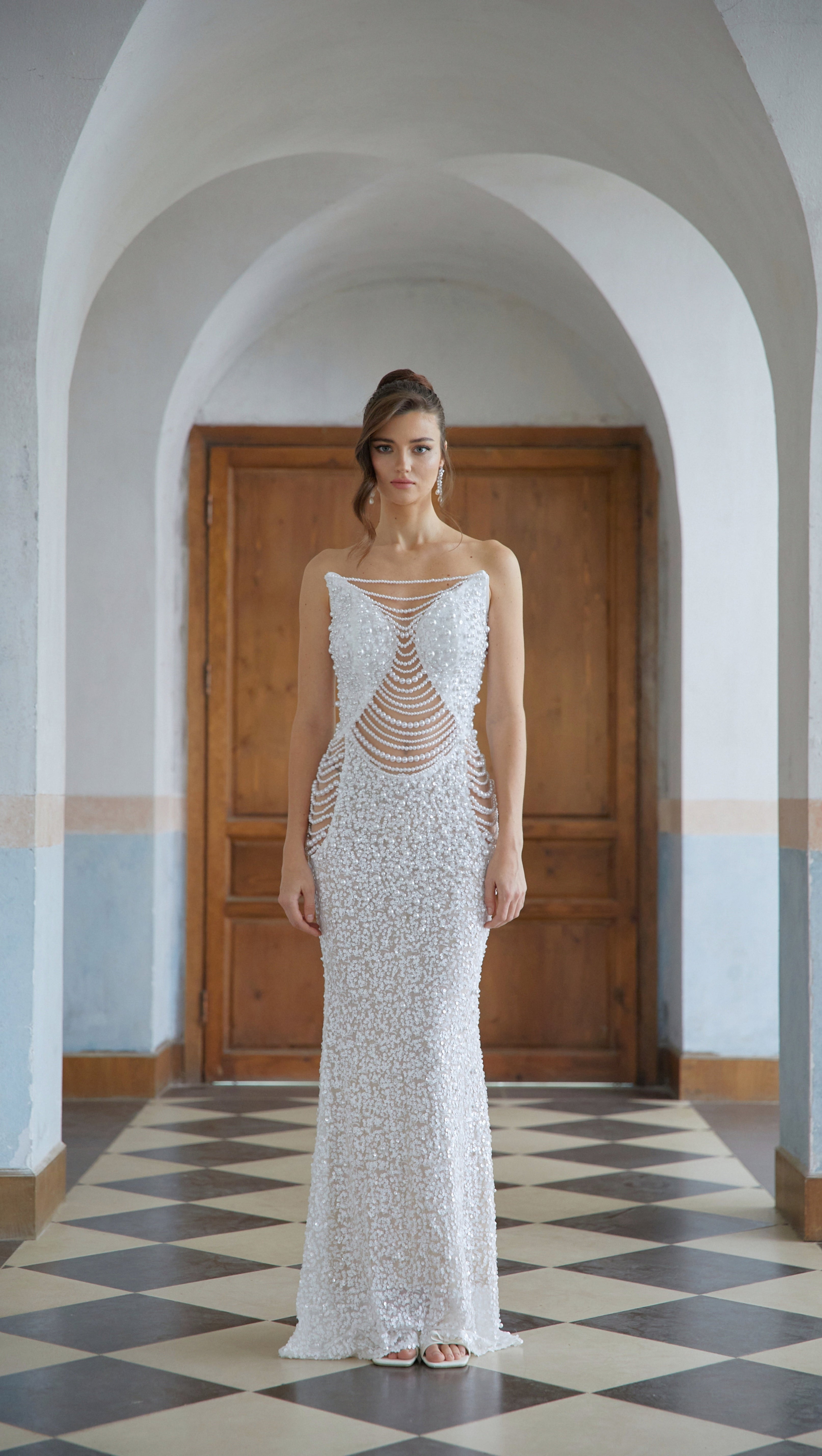 Iseult White Faux Pearl Mesh Maxi Gown
