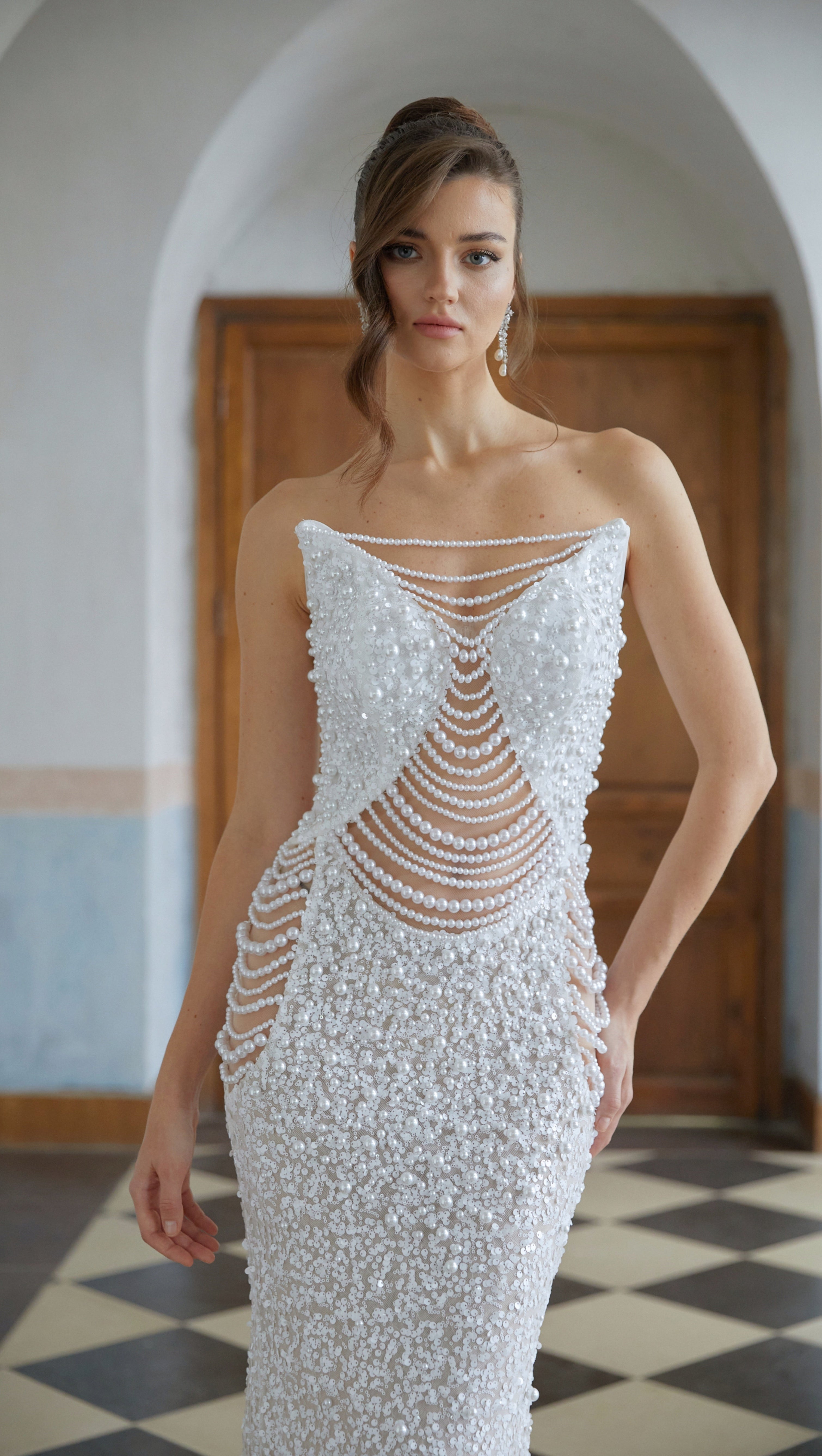 Iseult White Faux Pearl Mesh Maxi Gown