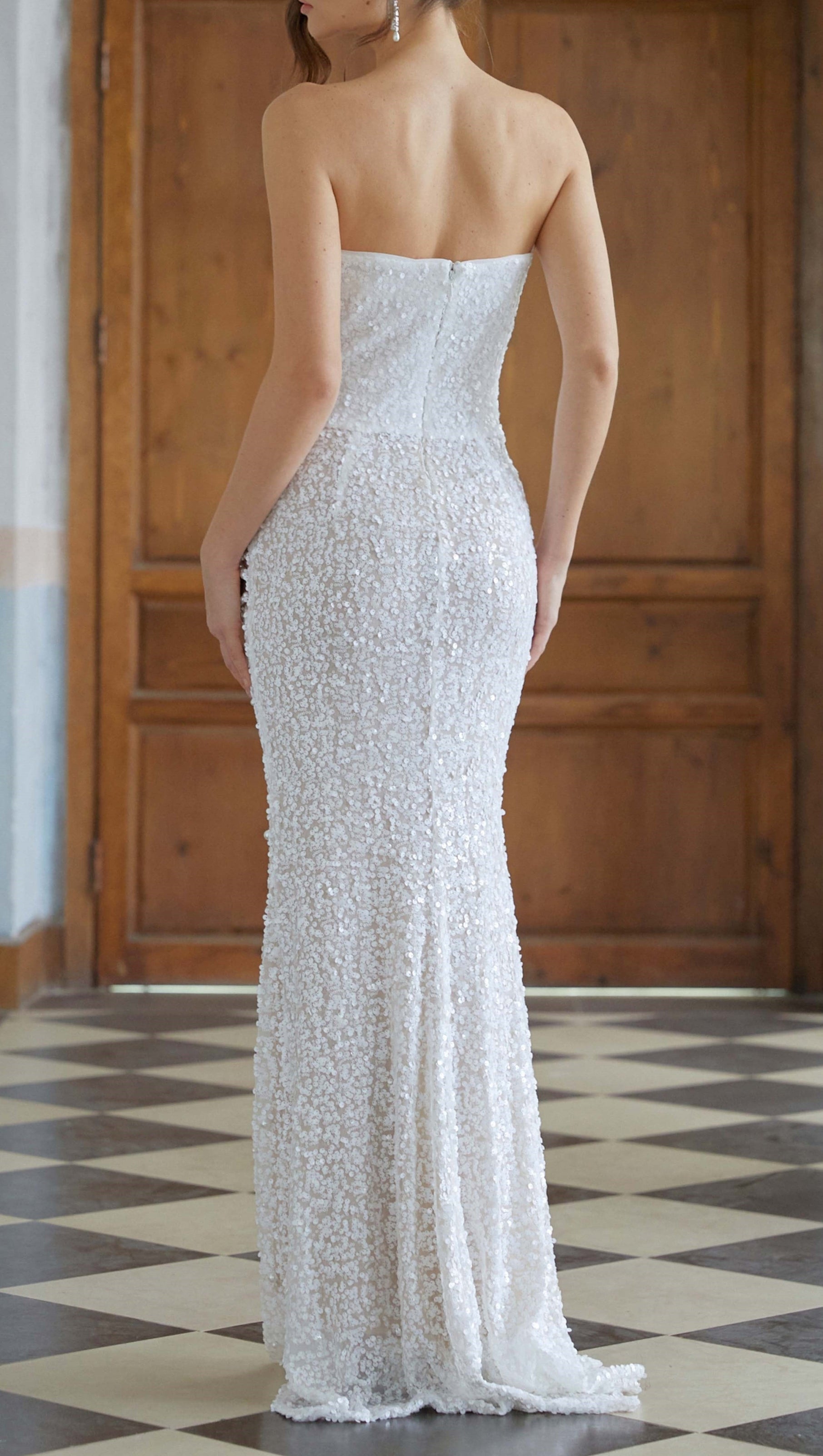 Iseult White Faux Pearl Mesh Maxi Gown