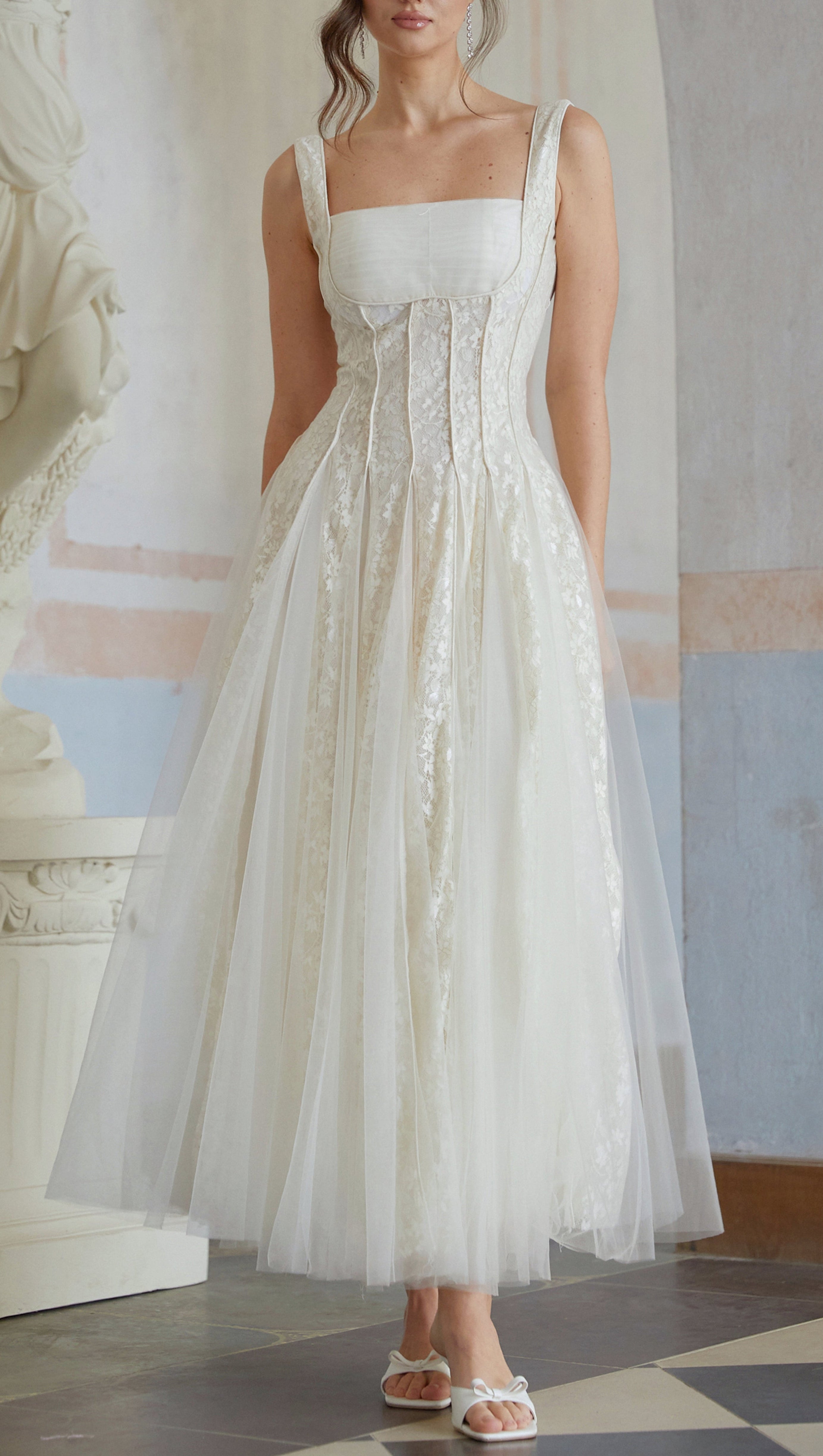 White Tulle Panel Lace Maxi Dress for Formal Events