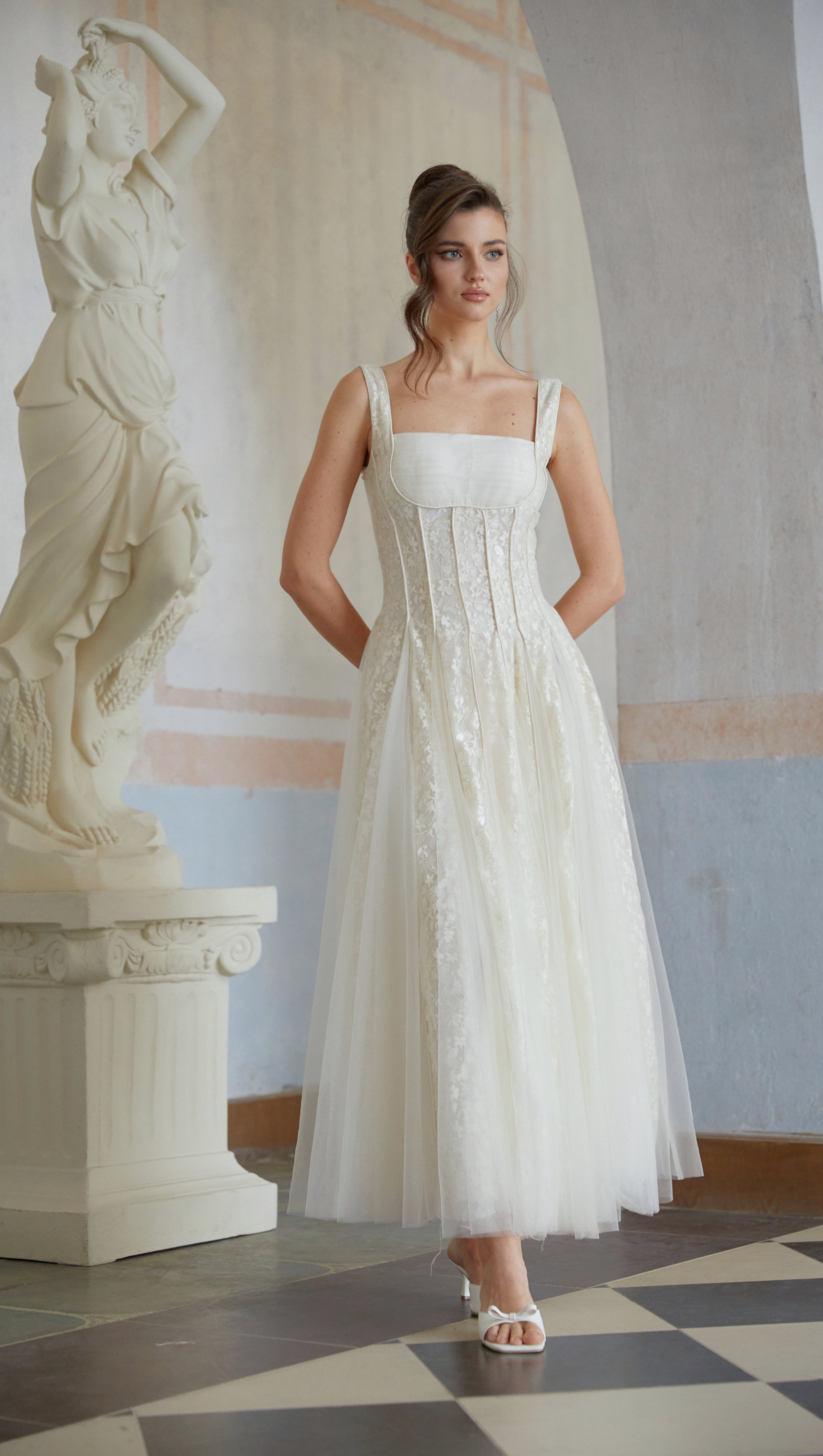 White Tulle Panel Lace Maxi Dress for Formal Events