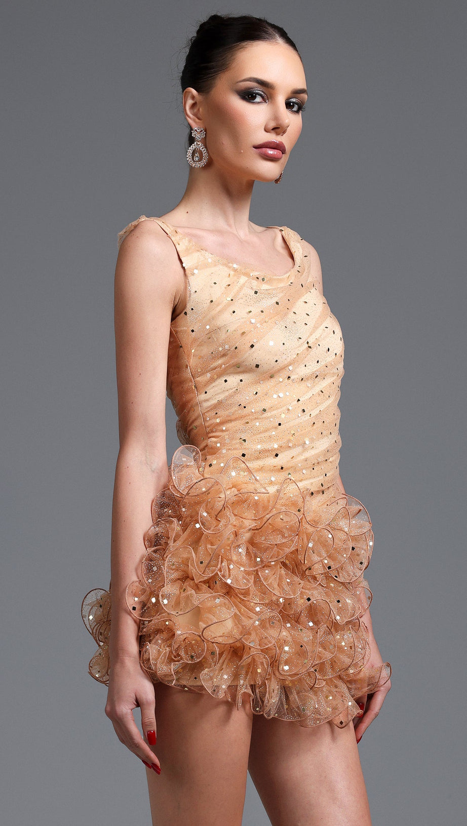 Veronic Romantic Embellished Sleeveless Ruffle Sequin Mini Dress