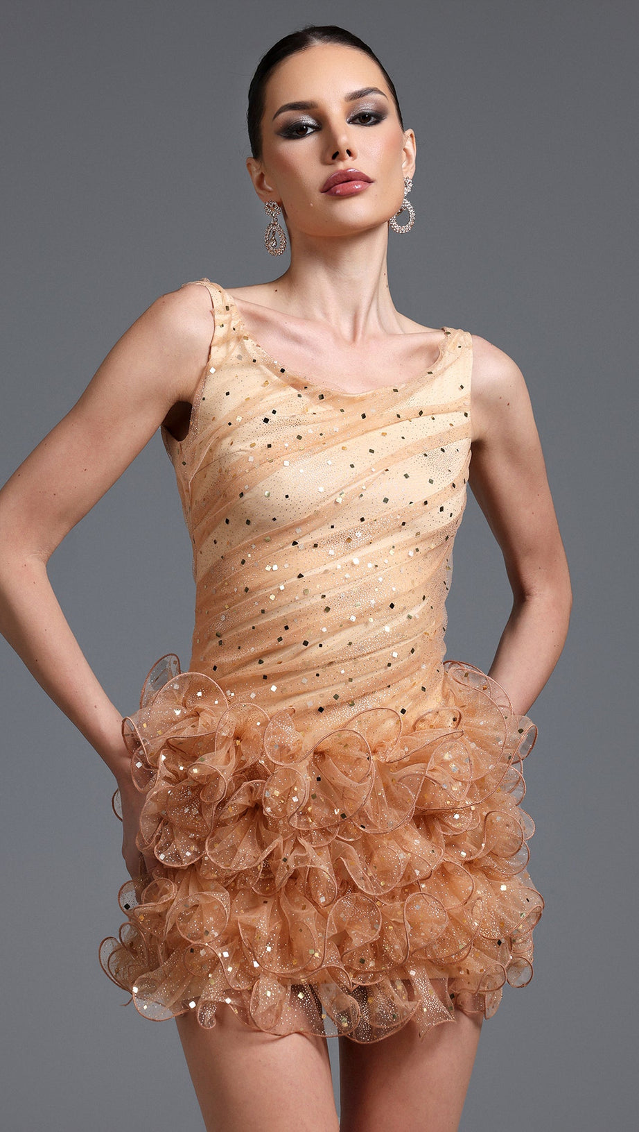 Veronic Romantic Embellished Sleeveless Ruffle Sequin Mini Dress
