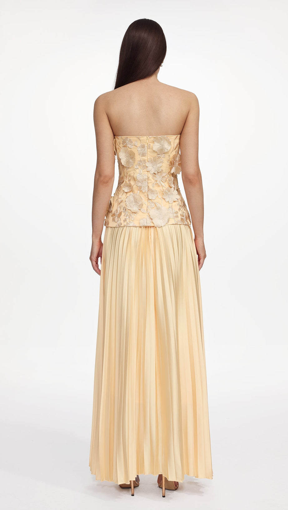 Shardae Romantic Tailored Strapless Pleated Floral Maxi Dress