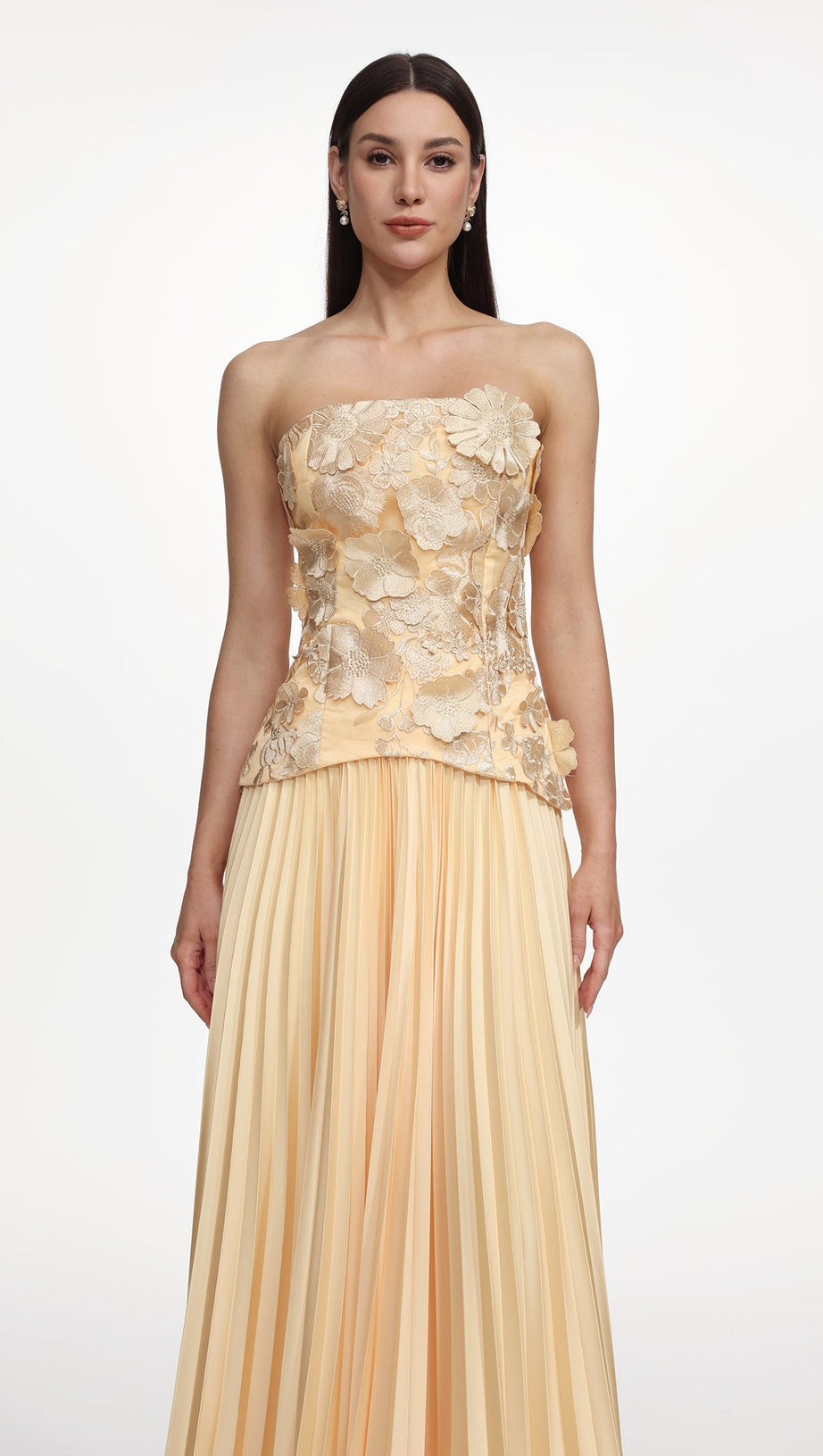 Shardae Romantic Tailored Strapless Pleated Floral Maxi Dress