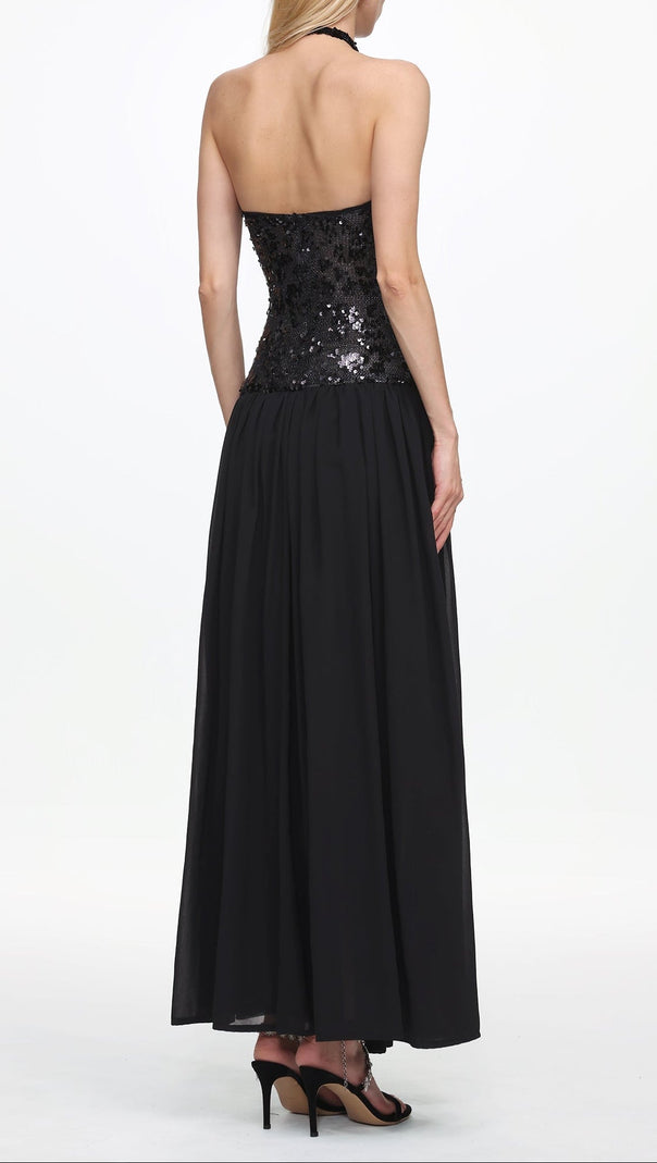 Encho Halter Ruched Mesh Sequin Maxi Dress