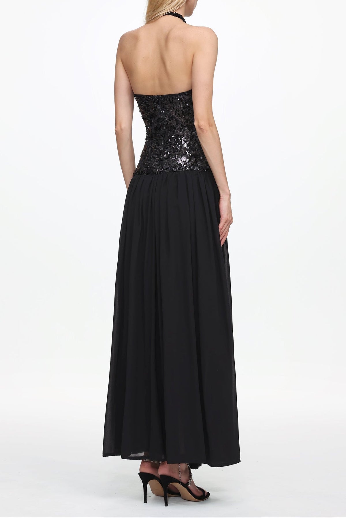 Encho Halter Ruched Mesh Sequin Maxi Dress